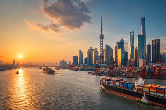 Shanghai skyline and container port — global trade and logistics